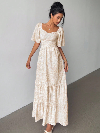 Elenzga Summer Short Sleeve Vacation Beach Music Festival Pink Floral Maxi Dress