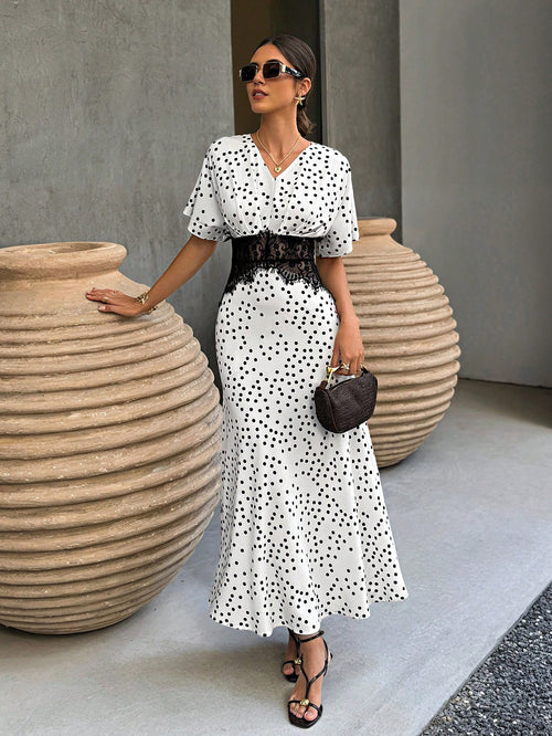 Elenzga White With Black Polka Dots,Summer,Elegant,Tea Party Women's Lace Panel Waist-Tied Ruched Dress With Raglan & Batwing Sleeves For Daily Office Wear