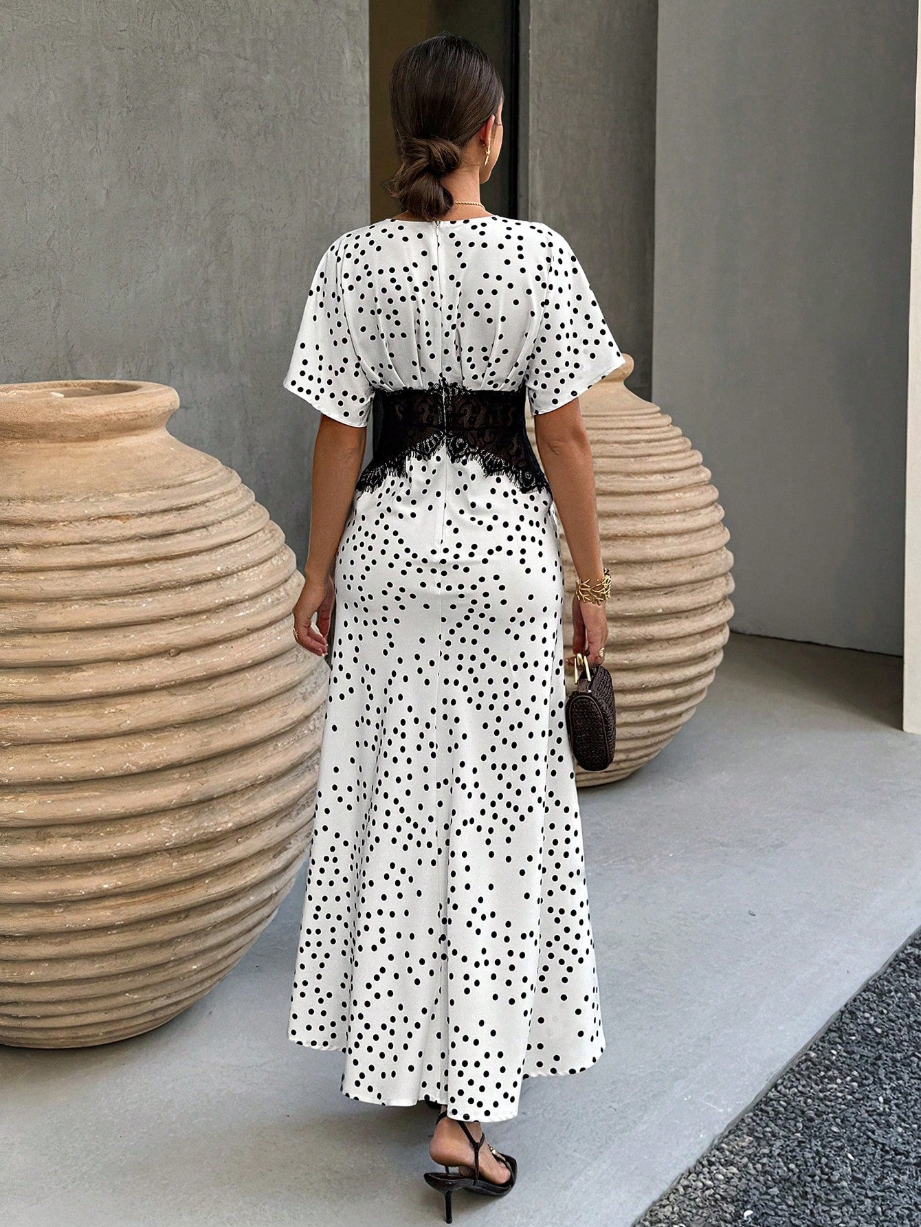 Elenzga White With Black Polka Dots,Summer,Elegant,Tea Party Women's Lace Panel Waist-Tied Ruched Dress With Raglan & Batwing Sleeves For Daily Office Wear