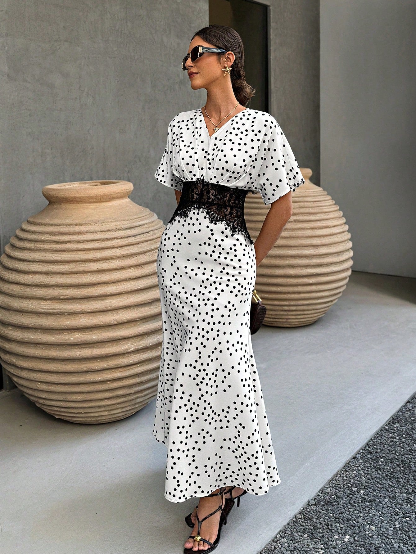 Elenzga White With Black Polka Dots,Summer,Elegant,Tea Party Women's Lace Panel Waist-Tied Ruched Dress With Raglan & Batwing Sleeves For Daily Office Wear