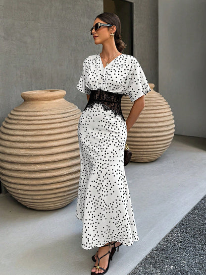 Elenzga White With Black Polka Dots,Summer,Elegant,Tea Party Women's Lace Panel Waist-Tied Ruched Dress With Raglan & Batwing Sleeves For Daily Office Wear