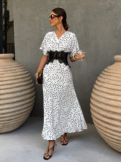 Elenzga White With Black Polka Dots,Summer,Elegant,Tea Party Women's Lace Panel Waist-Tied Ruched Dress With Raglan & Batwing Sleeves For Daily Office Wear