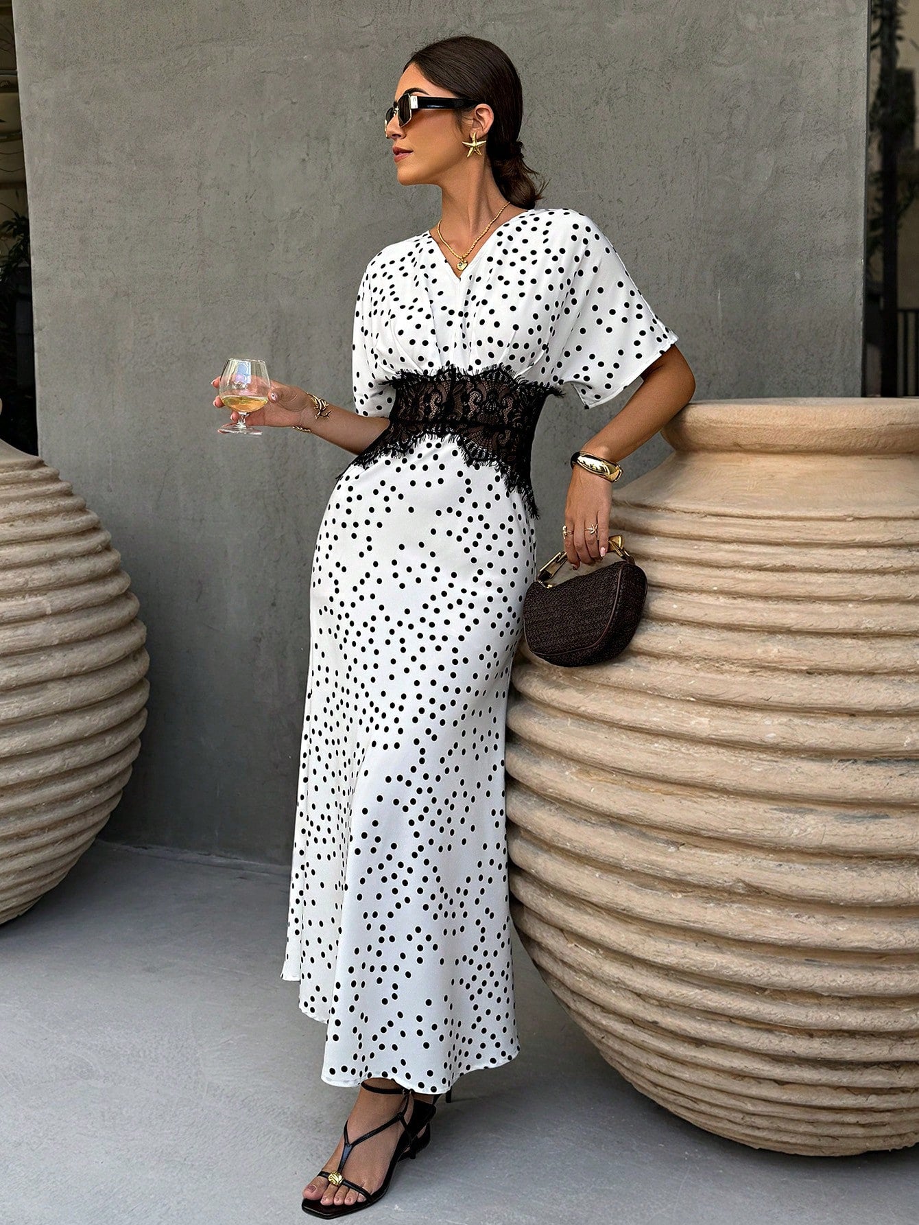 Elenzga White With Black Polka Dots,Summer,Elegant,Tea Party Women's Lace Panel Waist-Tied Ruched Dress With Raglan & Batwing Sleeves For Daily Office Wear