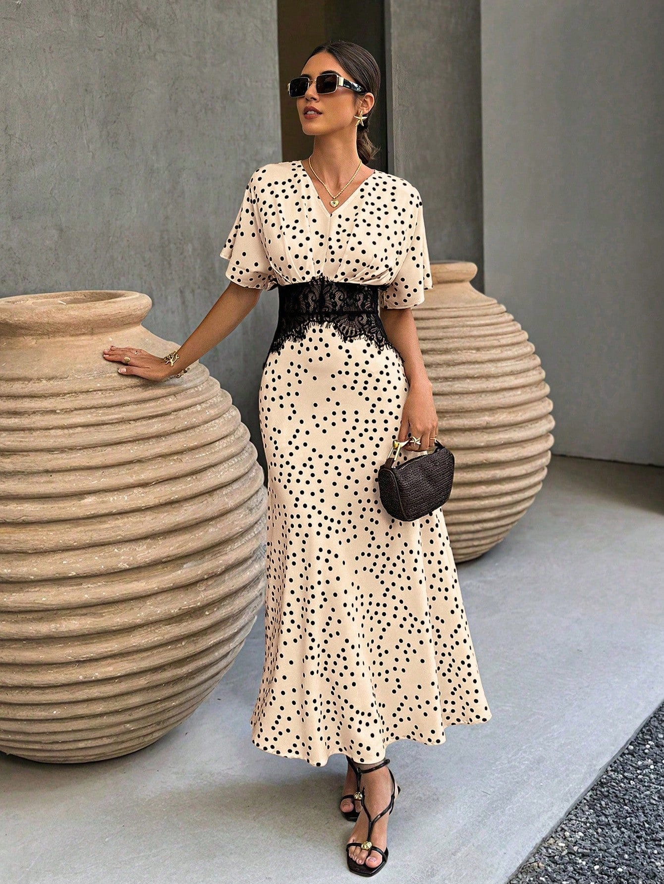Elenzga White With Black Polka Dots,Summer,Elegant,Tea Party Women's Lace Panel Waist-Tied Ruched Dress With Raglan & Batwing Sleeves For Daily Office Wear
