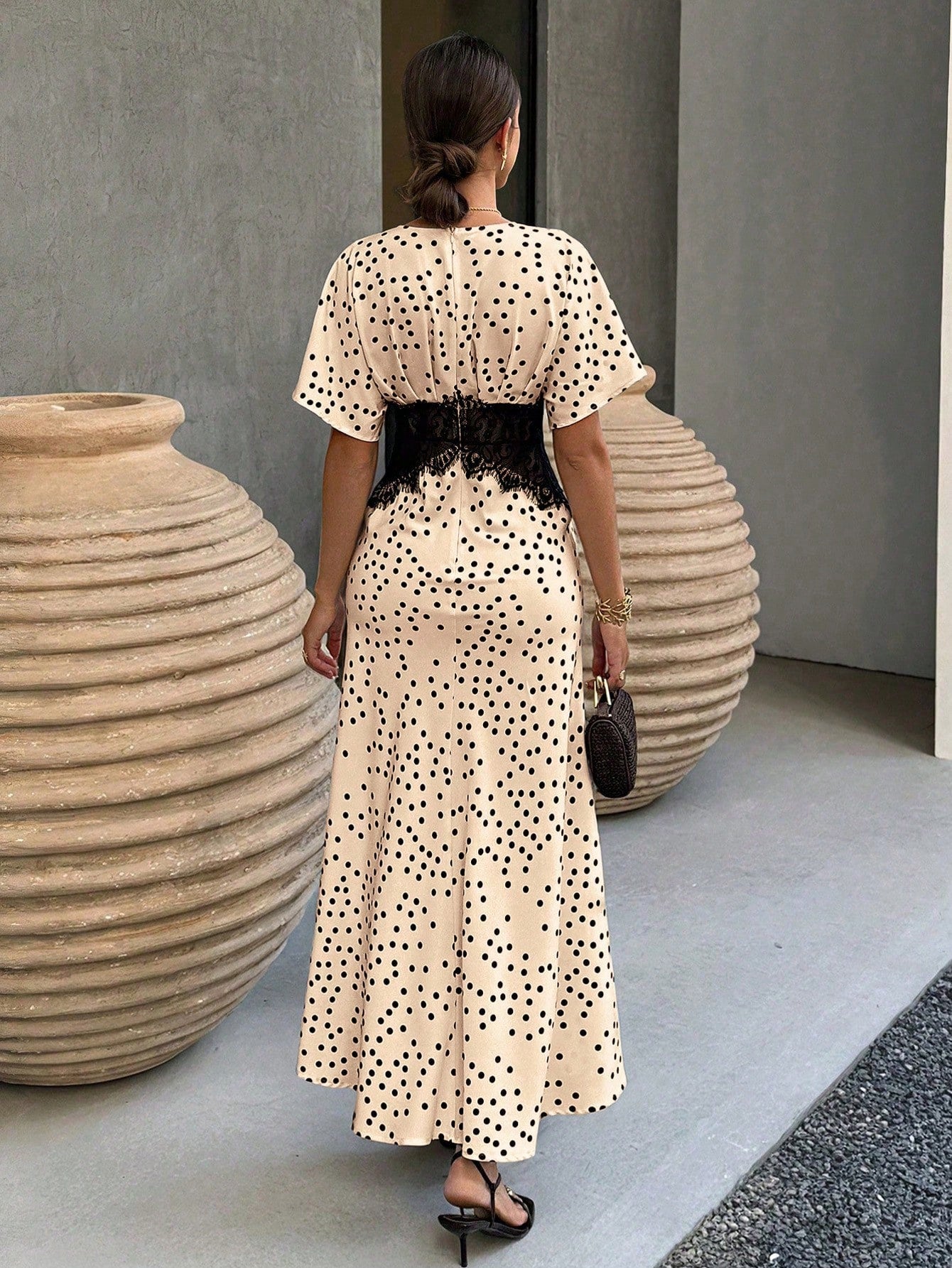 Elenzga White With Black Polka Dots,Summer,Elegant,Tea Party Women's Lace Panel Waist-Tied Ruched Dress With Raglan & Batwing Sleeves For Daily Office Wear