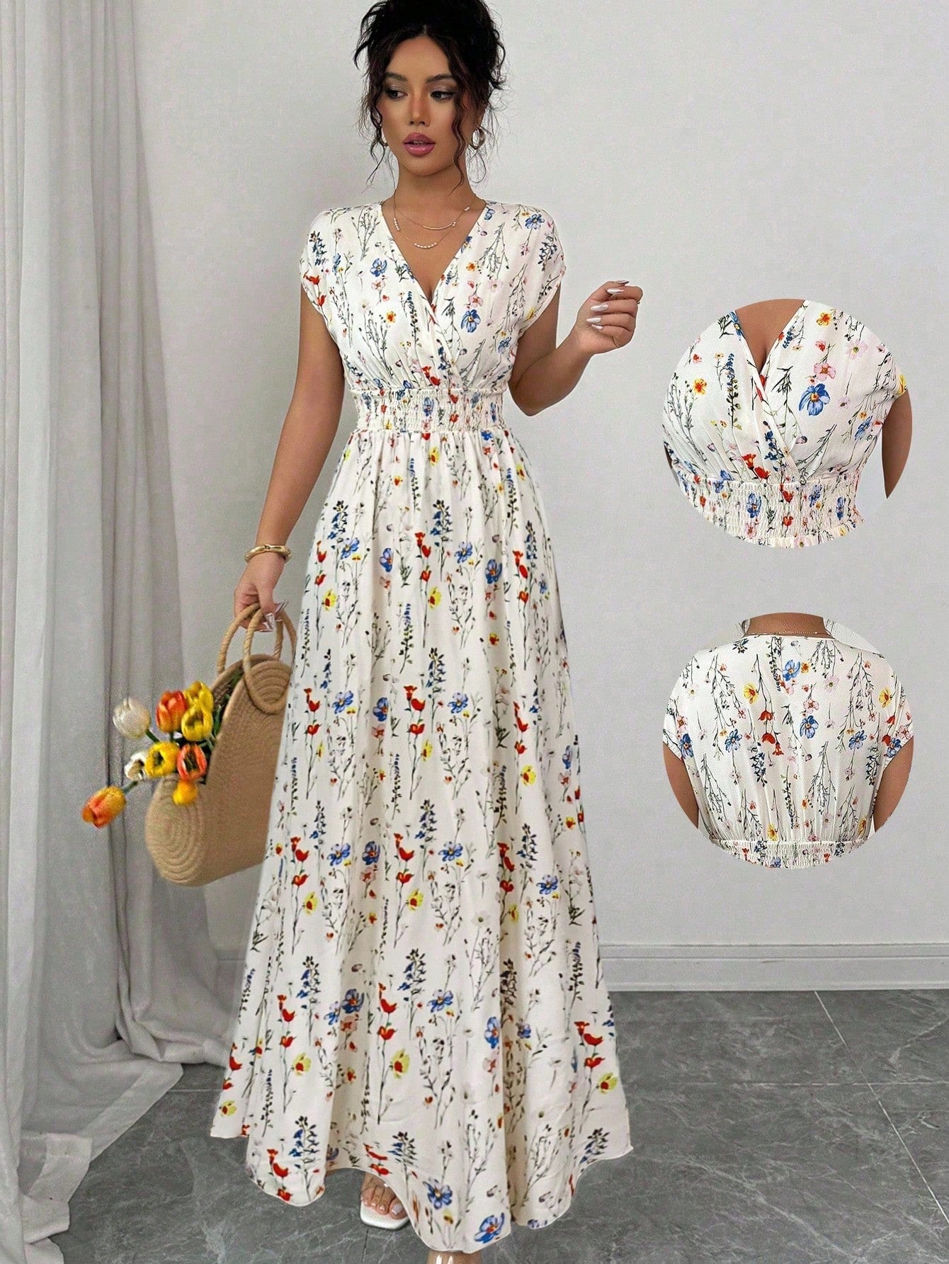 Elenzga Women's Ditsy Floral V-Neck Sleeveless Waisted Maxi Dress
