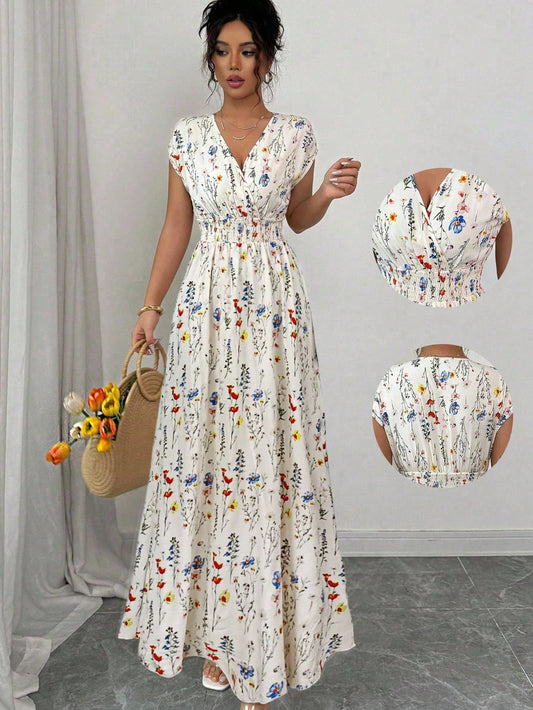 Elenzga Women's Ditsy Floral V-Neck Sleeveless Waisted Maxi Dress