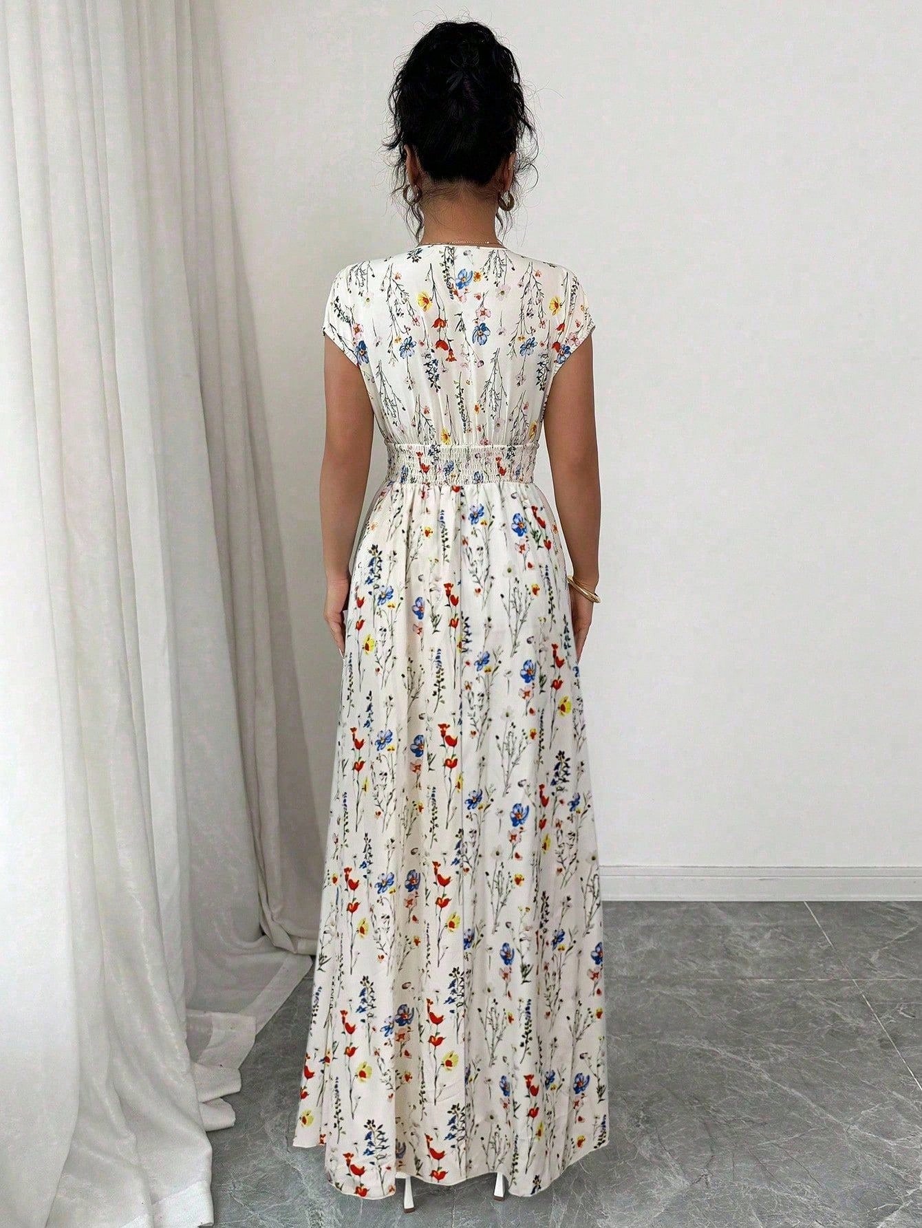 Elenzga Women's Ditsy Floral V-Neck Sleeveless Waisted Maxi Dress