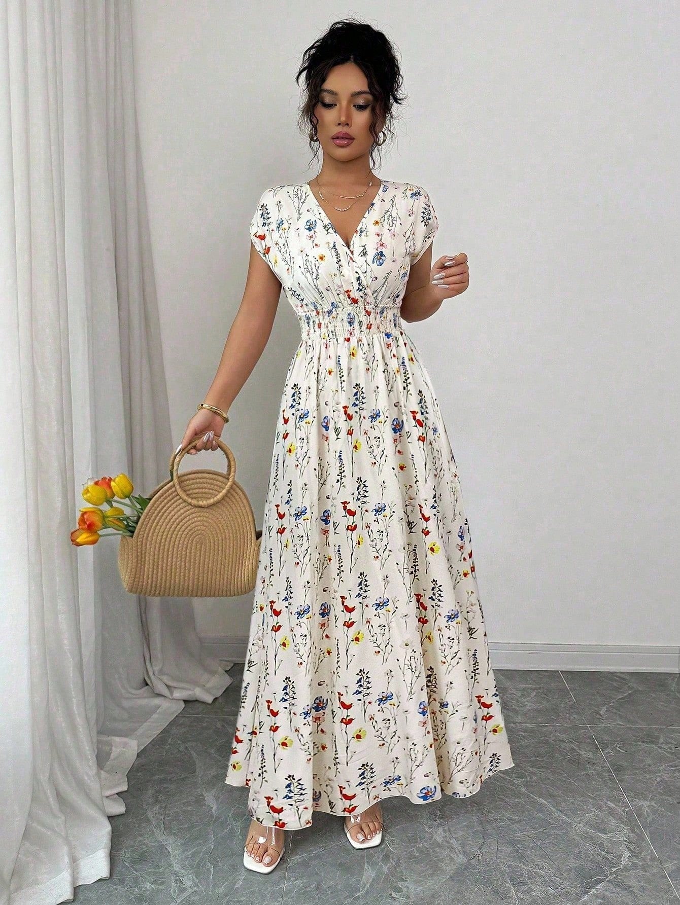 Elenzga Women's Ditsy Floral V-Neck Sleeveless Waisted Maxi Dress