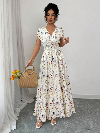 Elenzga Women's Ditsy Floral V-Neck Sleeveless Waisted Maxi Dress