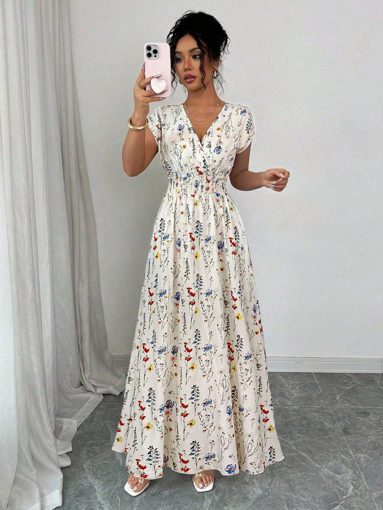 Elenzga Women's Ditsy Floral V-Neck Sleeveless Waisted Maxi Dress
