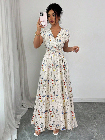 Elenzga Women's Ditsy Floral V-Neck Sleeveless Waisted Maxi Dress