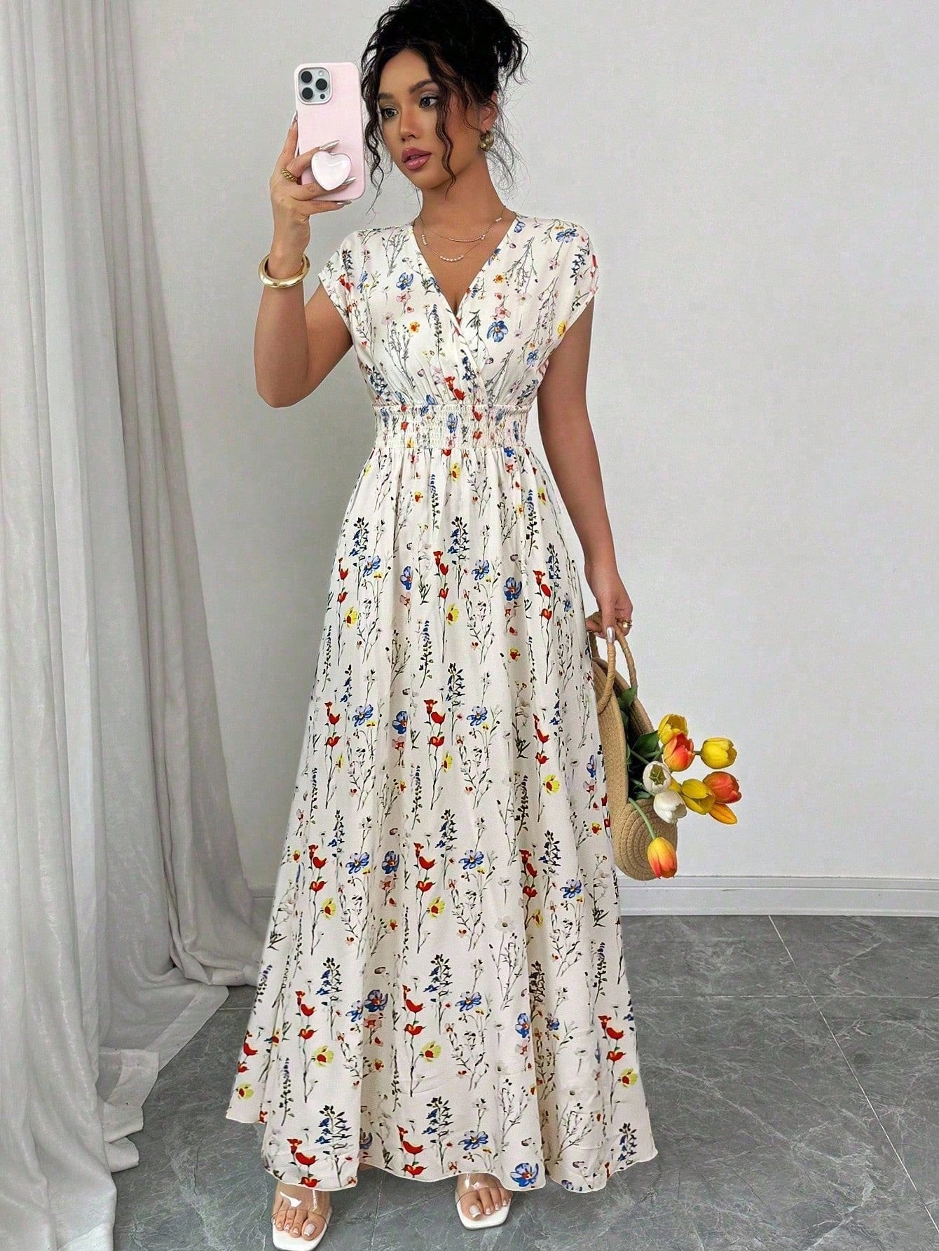 Elenzga Women's Ditsy Floral V-Neck Sleeveless Waisted Maxi Dress