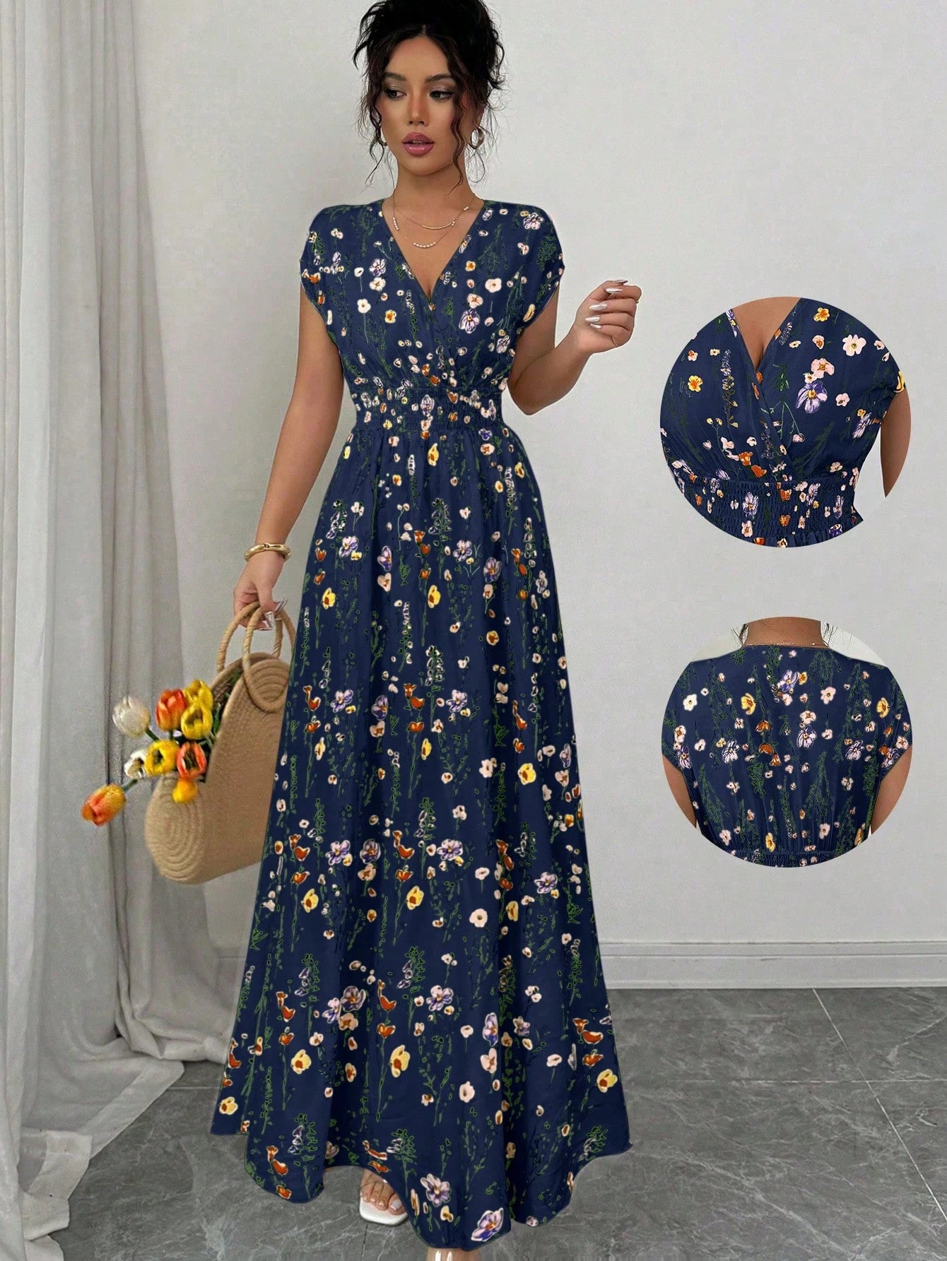 Elenzga Women's Ditsy Floral V-Neck Sleeveless Waisted Maxi Dress