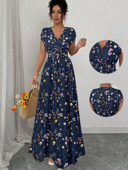 Elenzga Women's Ditsy Floral V-Neck Sleeveless Waisted Maxi Dress