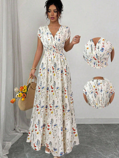 Elenzga Women's Ditsy Floral V-Neck Sleeveless Waisted Maxi Dress