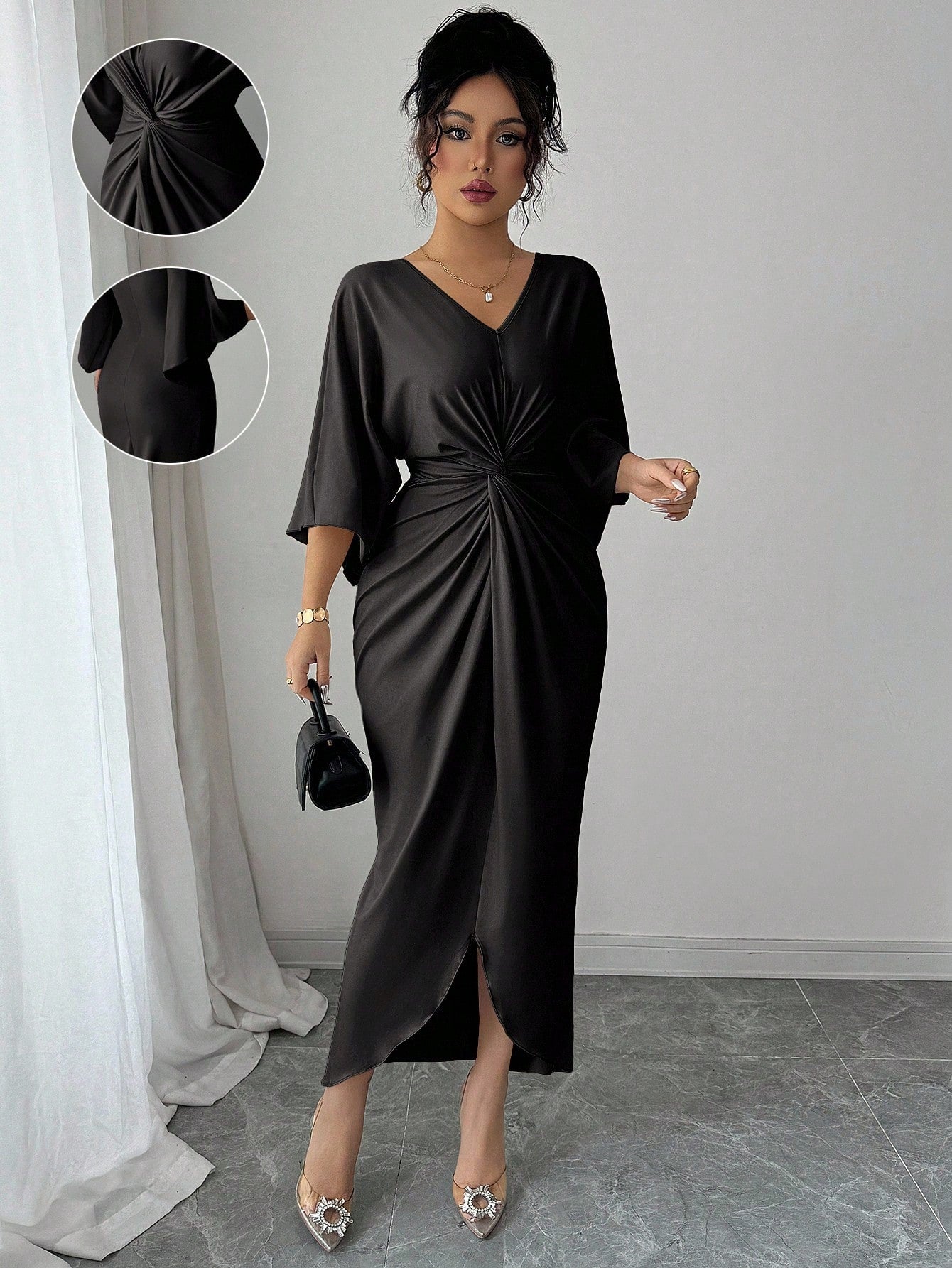 Elenzga Women's Elegant Knitted V-Neck Twist Design Batwing Sleeve Mid-Length Dress Formal Black Winter