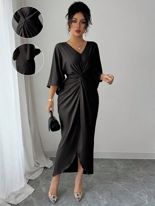 Elenzga Women's Elegant Knitted V-Neck Twist Design Batwing Sleeve Mid-Length Dress Formal Black Winter