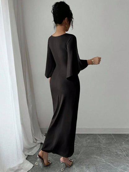 Elenzga Women's Elegant Knitted V-Neck Twist Design Batwing Sleeve Mid-Length Dress Formal Black Winter