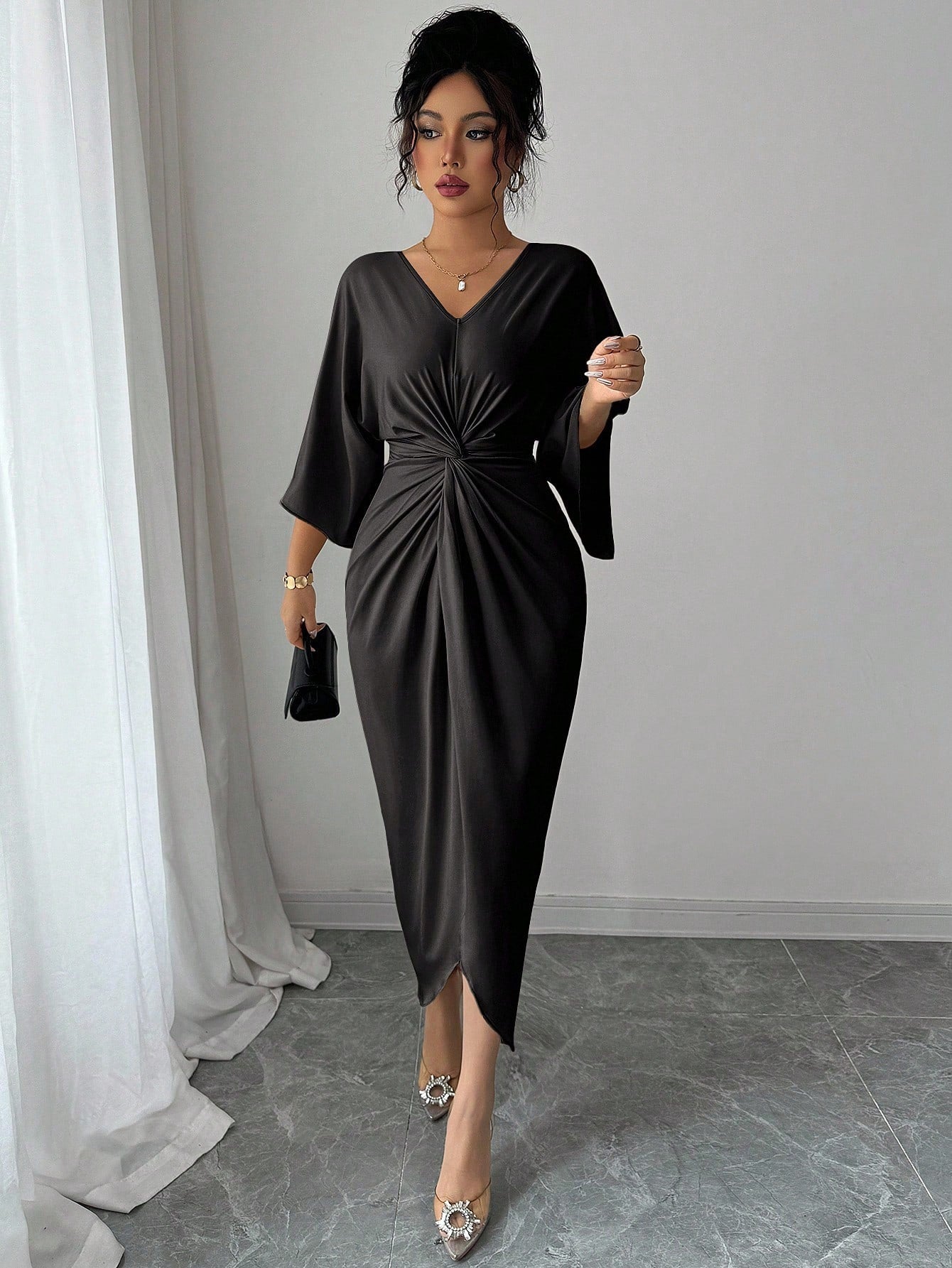 Elenzga Women's Elegant Knitted V-Neck Twist Design Batwing Sleeve Mid-Length Dress Formal Black Winter