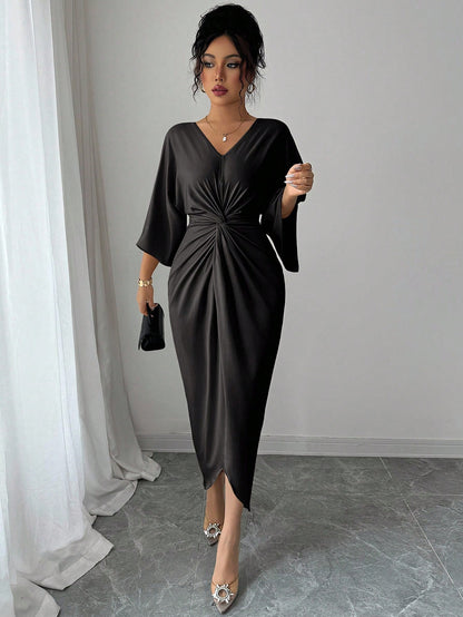 Elenzga Women's Elegant Knitted V-Neck Twist Design Batwing Sleeve Mid-Length Dress Formal Black Winter