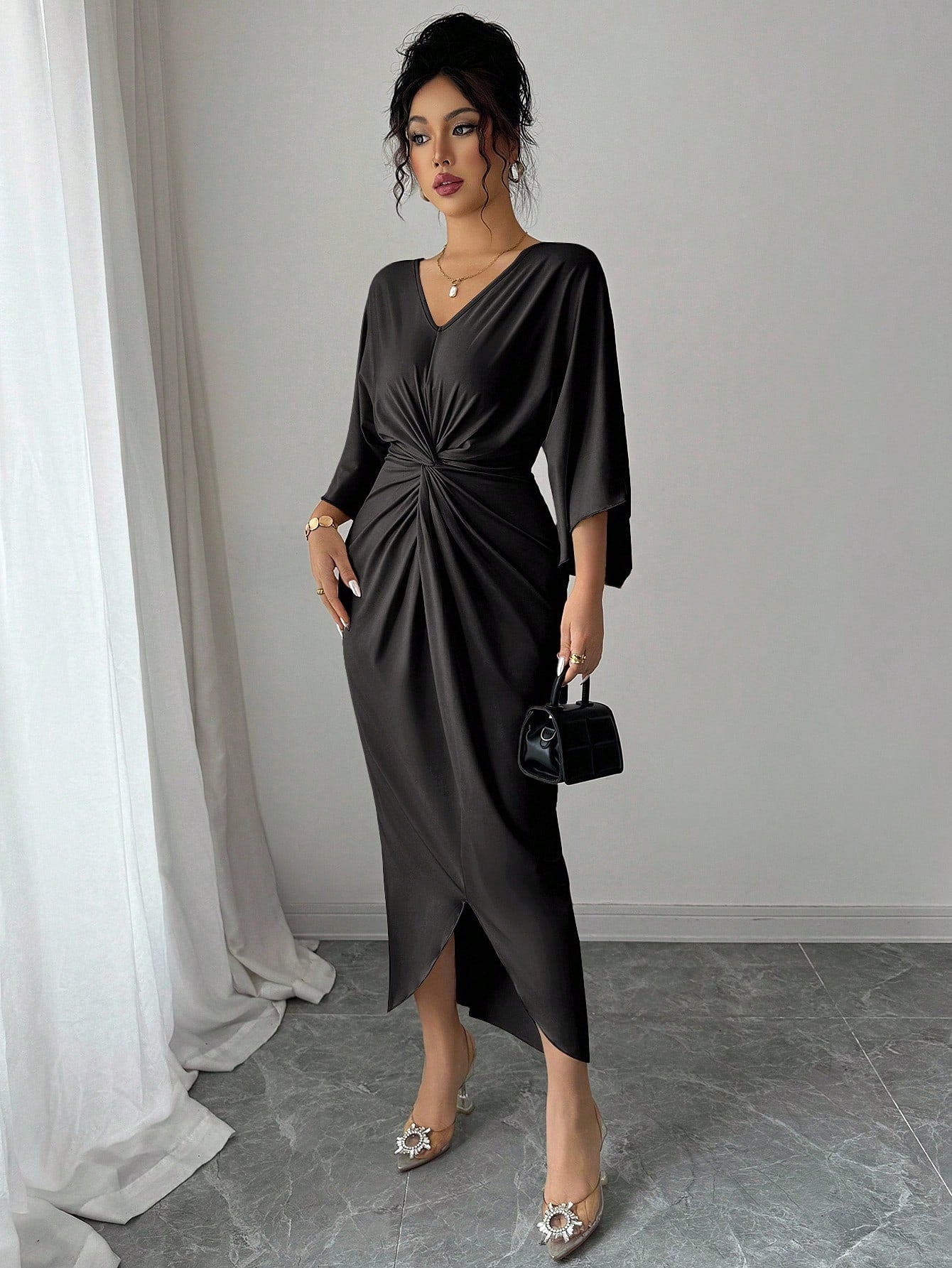Elenzga Women's Elegant Knitted V-Neck Twist Design Batwing Sleeve Mid-Length Dress Formal Black Winter