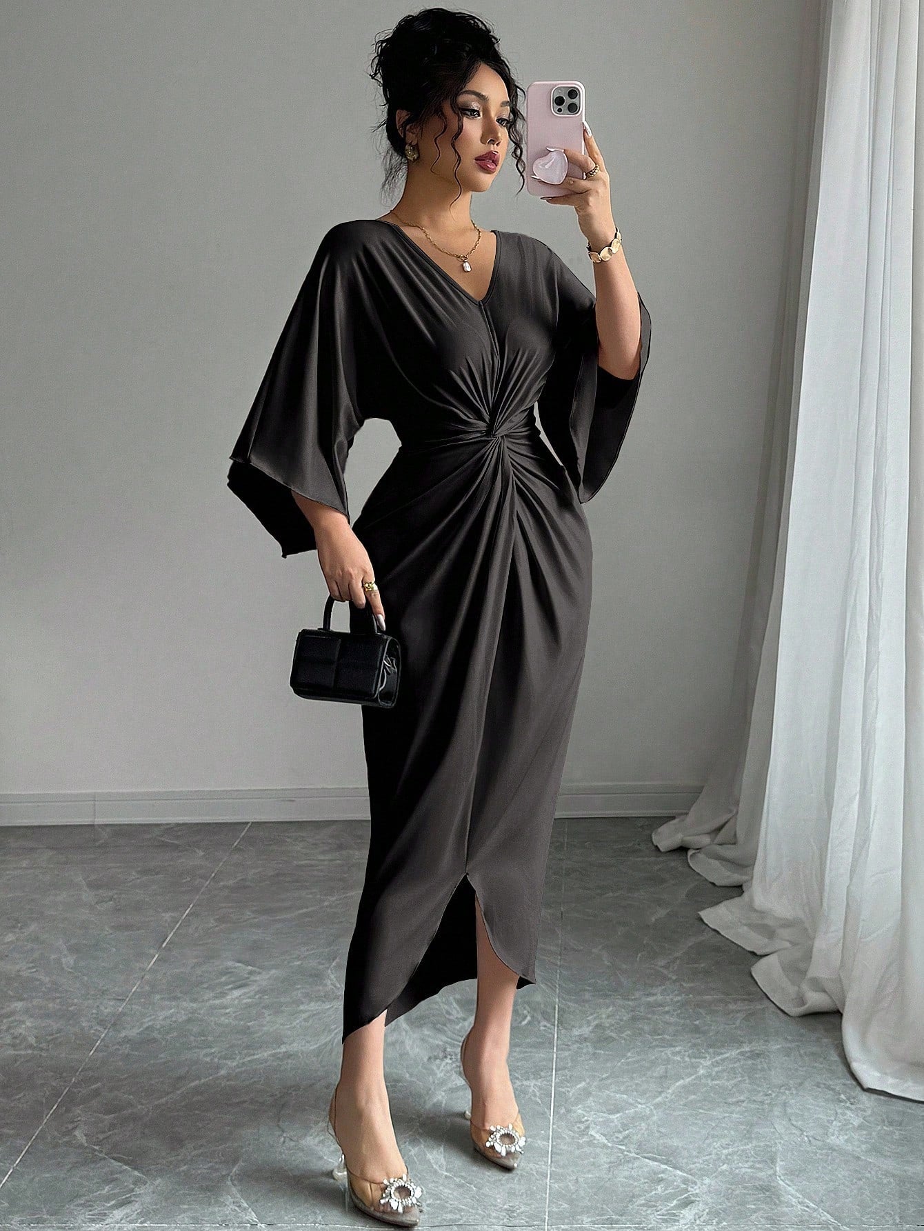 Elenzga Women's Elegant Knitted V-Neck Twist Design Batwing Sleeve Mid-Length Dress Formal Black Winter