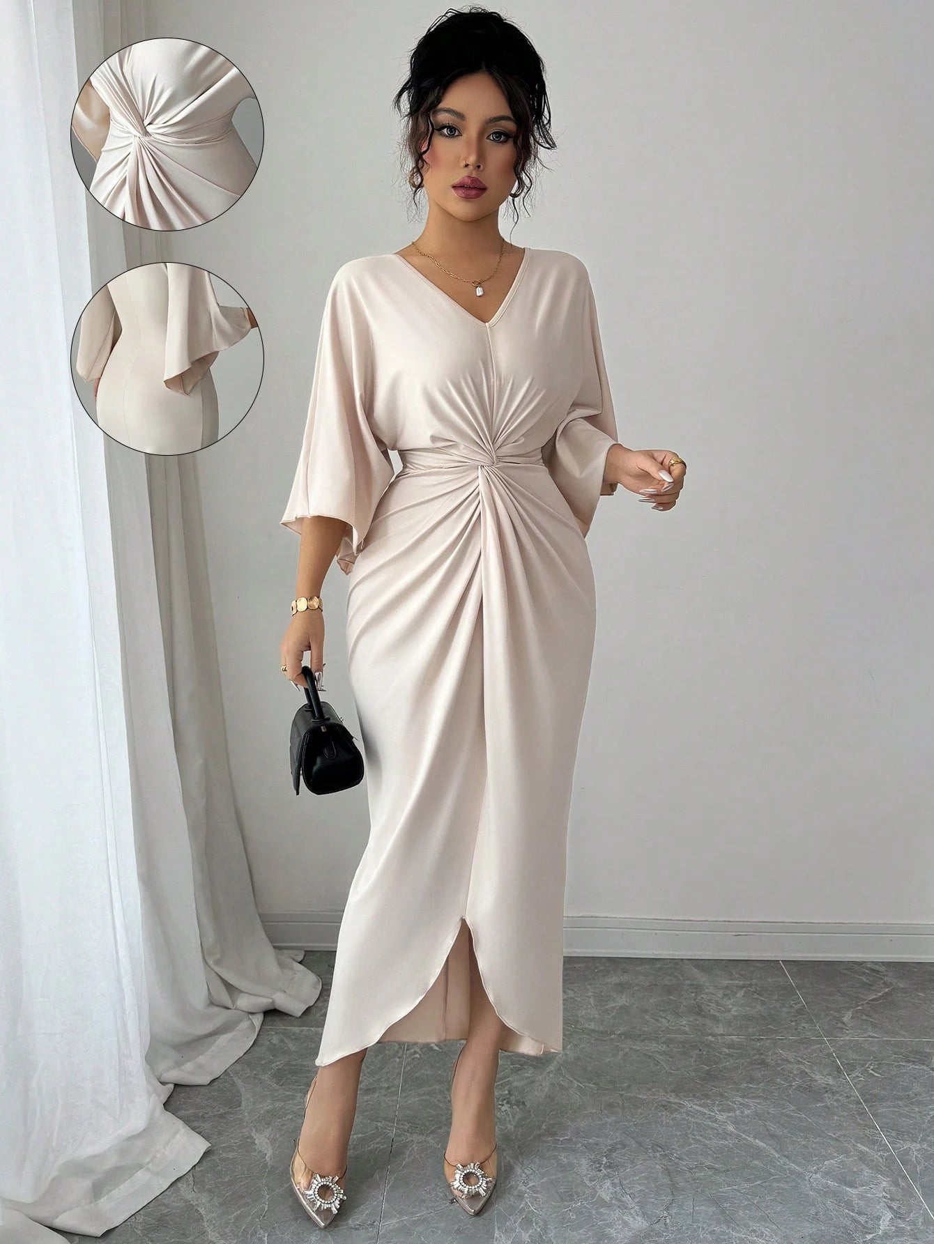 Elenzga Women's Elegant Knitted V-Neck Twist Design Batwing Sleeve Mid-Length Dress Formal Black Winter