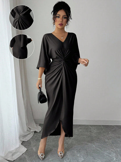 Elenzga Women's Elegant Knitted V-Neck Twist Design Batwing Sleeve Mid-Length Dress Formal Black Winter