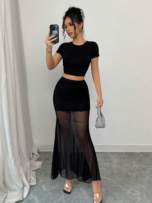 Elenzga Women's Elegant Mesh Patchwork Fish Tail Design Skirt Fall Cloth For Women