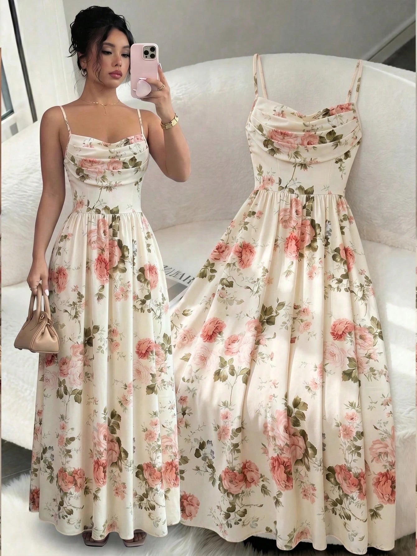 Elenzga Women's Elegant Romantic Chiffon Spaghetti Strap Waist Cinched Flowing Dress, Suitable For Wedding Guests, Sisters Gathering