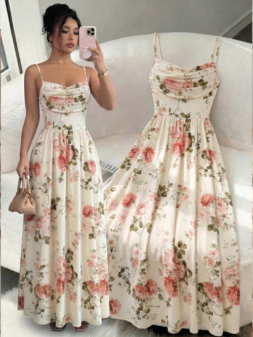 Elenzga Women's Elegant Romantic Chiffon Spaghetti Strap Waist Cinched Flowing Dress, Suitable For Wedding Guests, Sisters Gathering