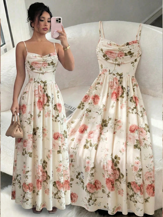 Elenzga Women's Elegant Romantic Chiffon Spaghetti Strap Waist Cinched Flowing Dress, Suitable For Wedding Guests, Sisters Gathering