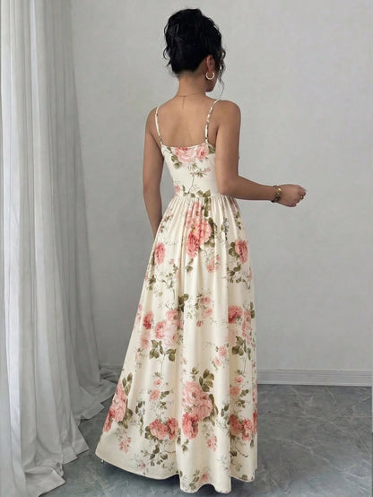 Elenzga Women's Elegant Romantic Chiffon Spaghetti Strap Waist Cinched Flowing Dress, Suitable For Wedding Guests, Sisters Gathering