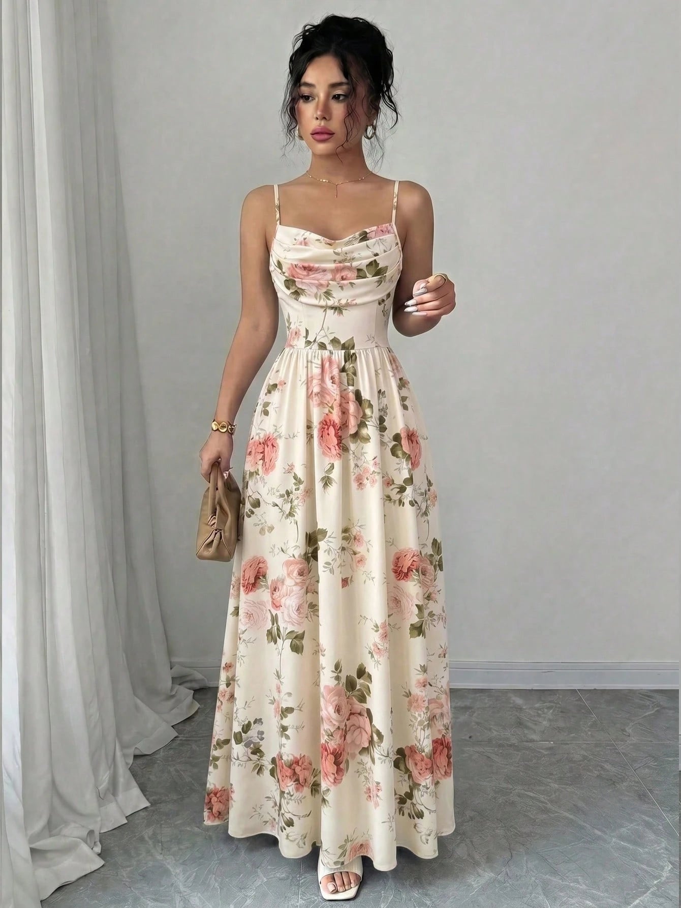 Elenzga Women's Elegant Romantic Chiffon Spaghetti Strap Waist Cinched Flowing Dress, Suitable For Wedding Guests, Sisters Gathering