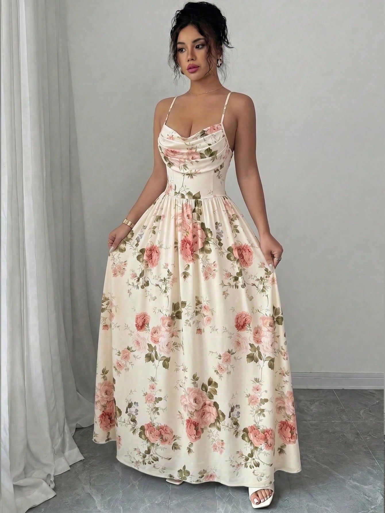 Elenzga Women's Elegant Romantic Chiffon Spaghetti Strap Waist Cinched Flowing Dress, Suitable For Wedding Guests, Sisters Gathering