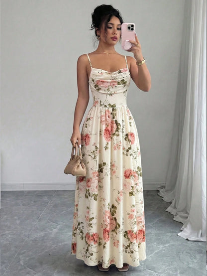 Elenzga Women's Elegant Romantic Chiffon Spaghetti Strap Waist Cinched Flowing Dress, Suitable For Wedding Guests, Sisters Gathering