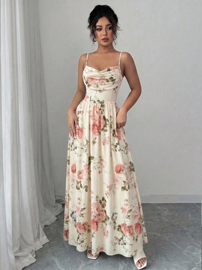 Elenzga Women's Elegant Romantic Chiffon Spaghetti Strap Waist Cinched Flowing Dress, Suitable For Wedding Guests, Sisters Gathering