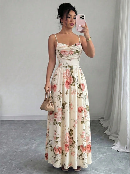 Elenzga Women's Elegant Romantic Chiffon Spaghetti Strap Waist Cinched Flowing Dress, Suitable For Wedding Guests, Sisters Gathering