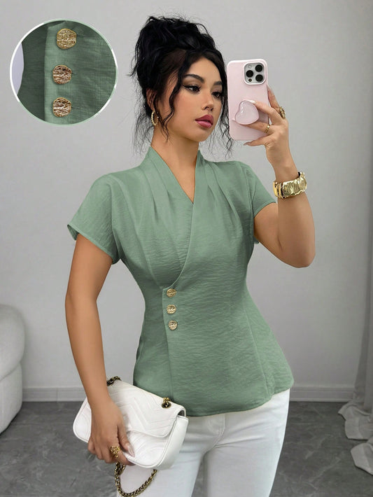 Elenzga Women's Elegant Sage Green Summer Blouse,Sicilian Style V-Neck Short Sleeve Metal Button Shoulder Pleats Tops For Office,Work,Commute,Vacation,Party