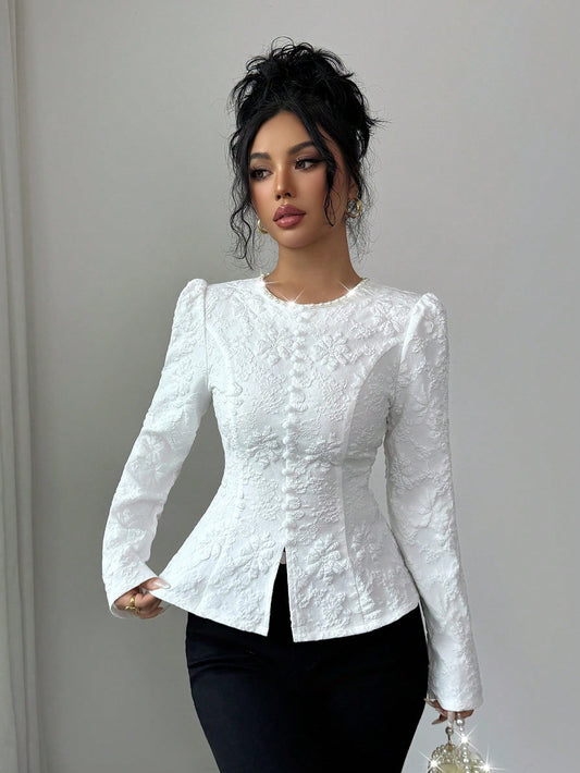 Elenzga Women's Elegant White Jacquard Blouse,Autumn French Chic Pearl Decor Round Collar Long Sleeve Top,Front Button Slit Hem Fashionable Tea Party Blouse