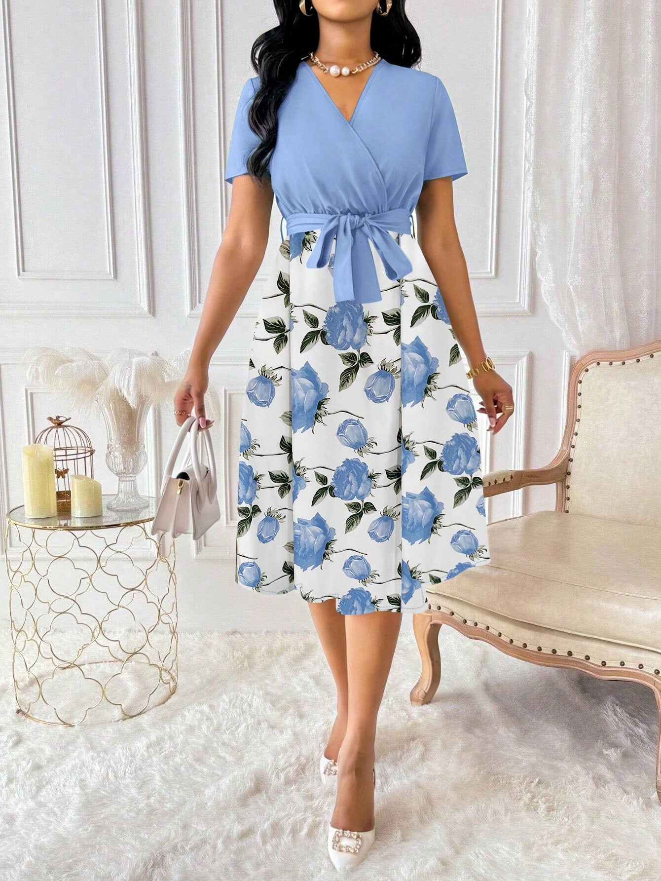 Elenzga Women's Floral Print Overlap V-Neck Short Sleeve Elegant Dress Maxi Women Outfit