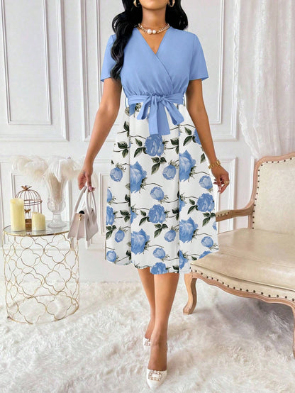 Elenzga Women's Floral Print Overlap V-Neck Short Sleeve Elegant Dress Maxi Women Outfit