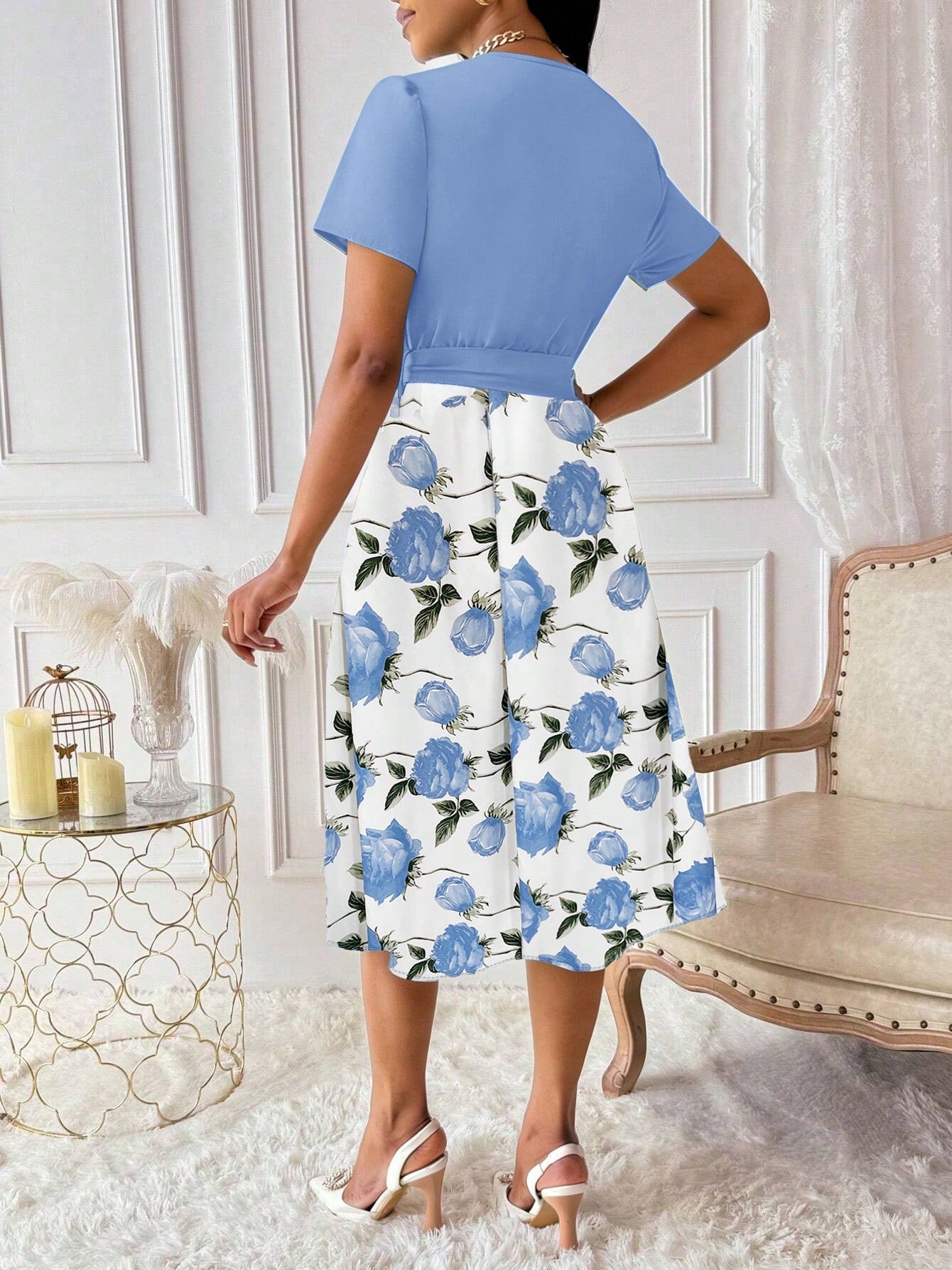 Elenzga Women's Floral Print Overlap V-Neck Short Sleeve Elegant Dress Maxi Women Outfit