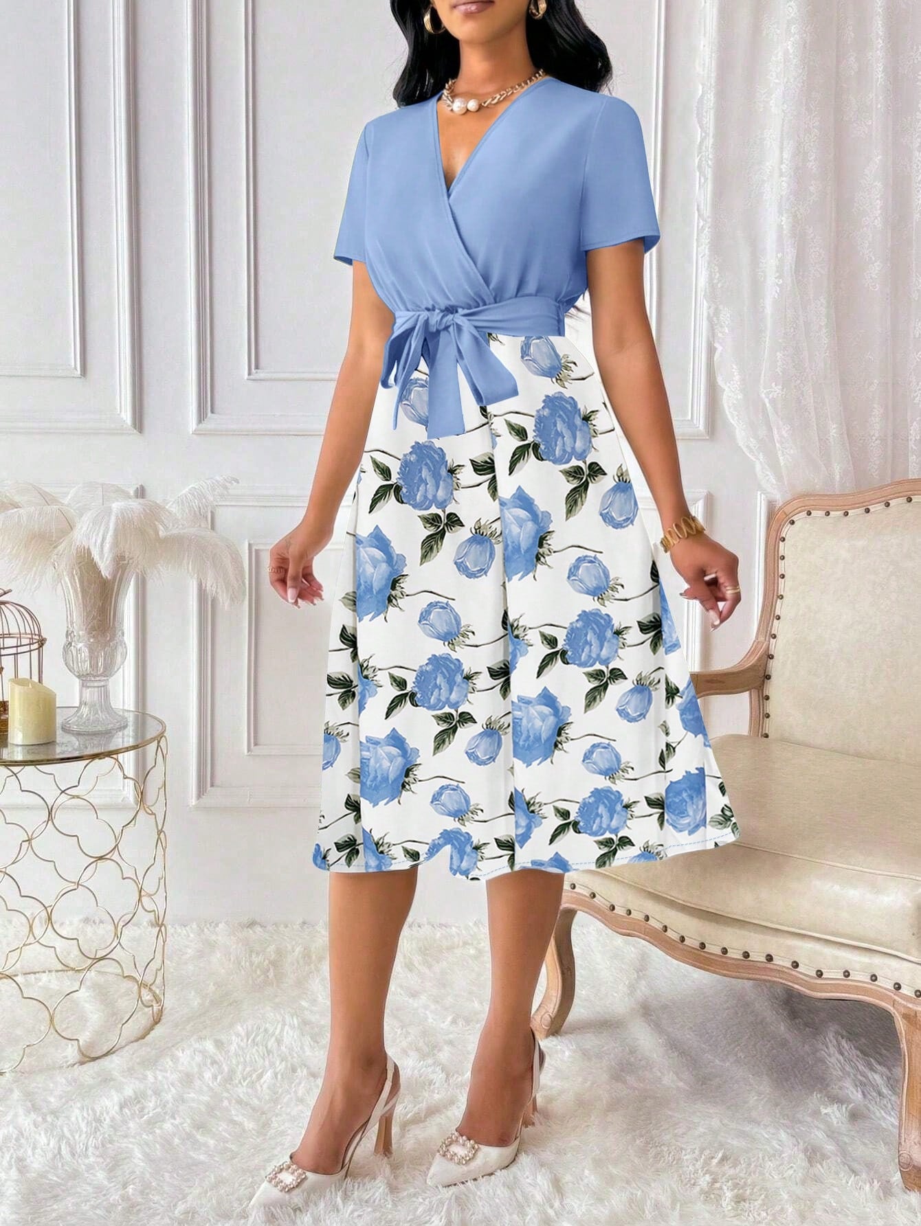 Elenzga Women's Floral Print Overlap V-Neck Short Sleeve Elegant Dress Maxi Women Outfit