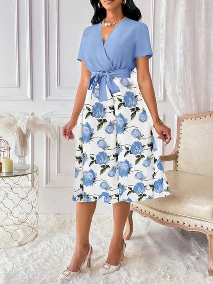 Elenzga Women's Floral Print Overlap V-Neck Short Sleeve Elegant Dress Maxi Women Outfit