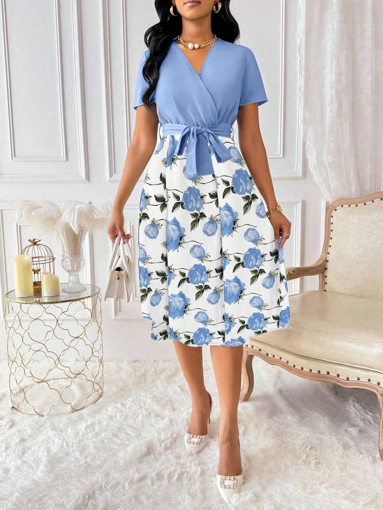 Elenzga Women's Floral Print Overlap V-Neck Short Sleeve Elegant Dress Maxi Women Outfit