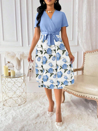 Elenzga Women's Floral Print Overlap V-Neck Short Sleeve Elegant Dress Maxi Women Outfit
