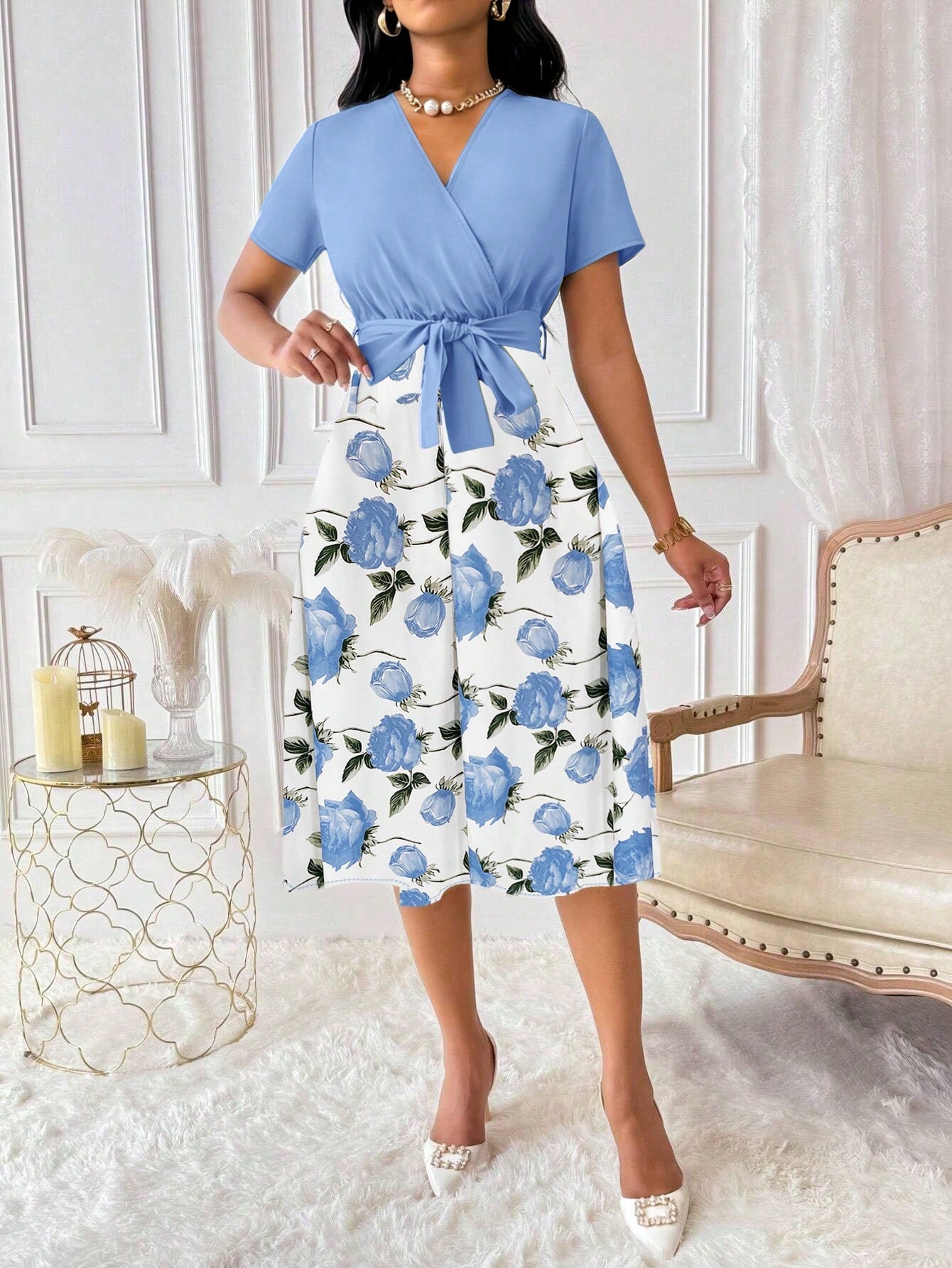 Elenzga Women's Floral Print Overlap V-Neck Short Sleeve Elegant Dress Maxi Women Outfit