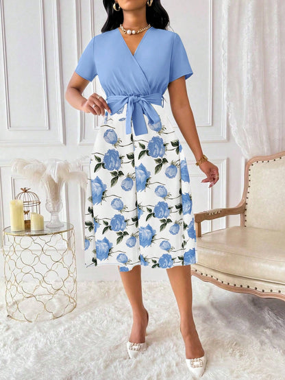 Elenzga Women's Floral Print Overlap V-Neck Short Sleeve Elegant Dress Maxi Women Outfit